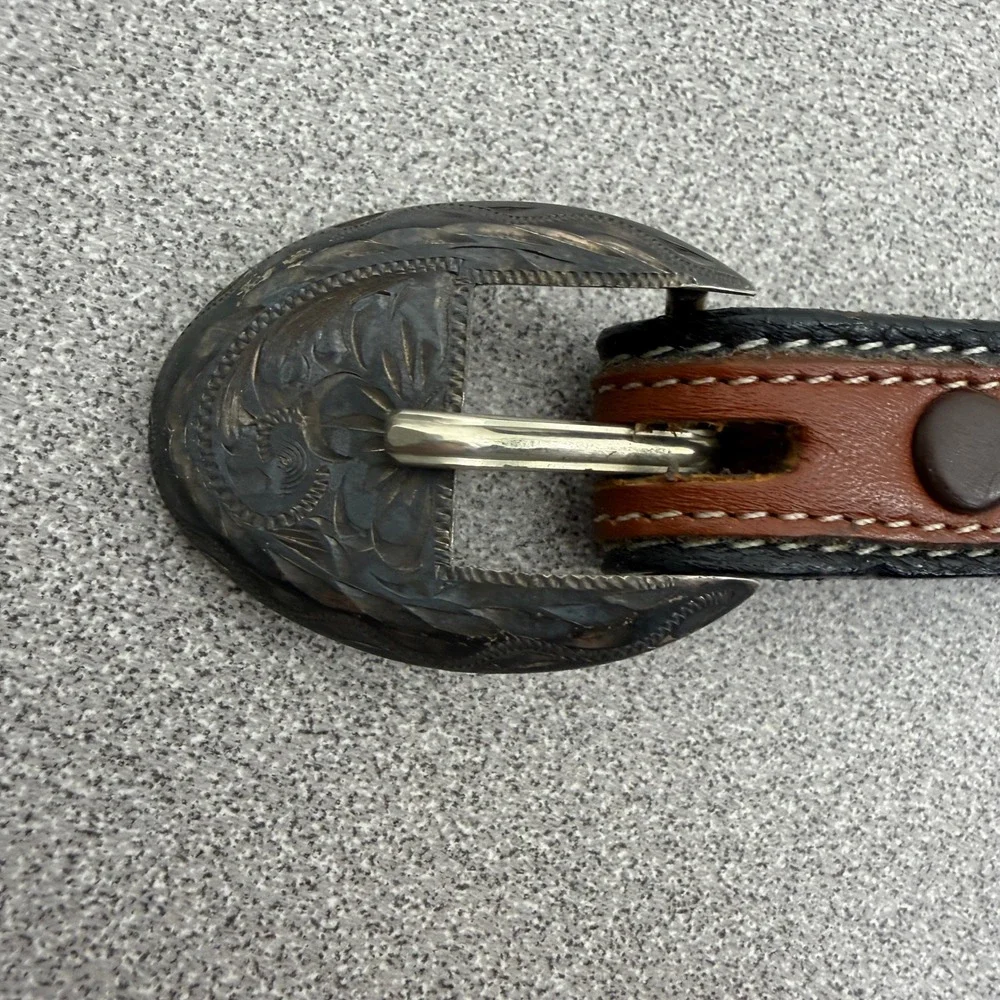 Vtg Tony Lama Belt Mens 32 Black Brown Western Sterling Overlay Engraved Leather